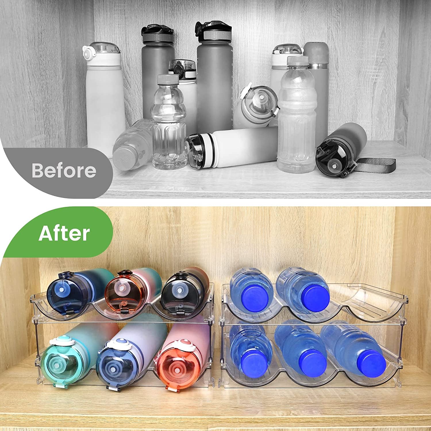Maximize Your Space with 2-Pack Stackable Water Bottle Organizer for Cabinet Storage