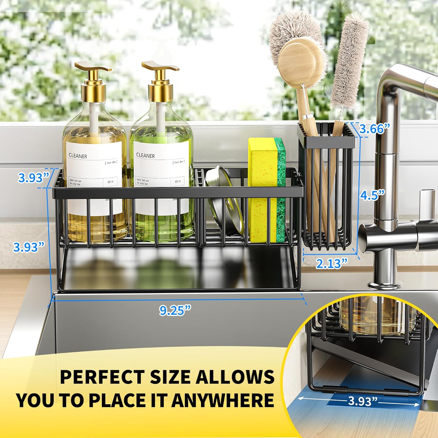 Sink Caddy Sponge Holder for Kitchen with Brush Holder and Stainless Steel Self Drain Tray, Rustproof Kitchen Sink Organizer for Sponge, Soap Dispenser Storage Accessories