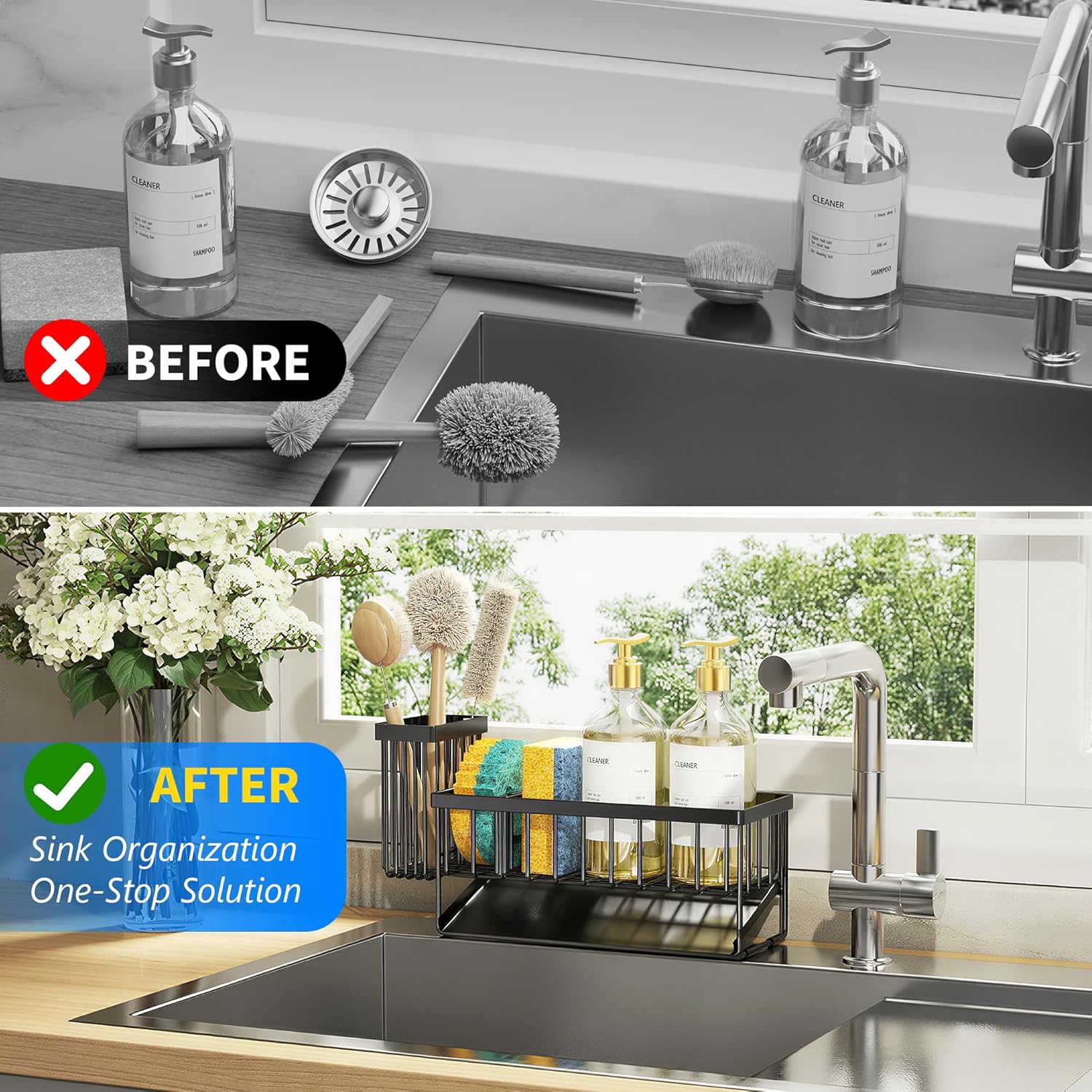 Sink Caddy Sponge Holder for Kitchen with Brush Holder and Stainless Steel Self Drain Tray, Rustproof Kitchen Sink Organizer for Sponge, Soap Dispenser Storage Accessories